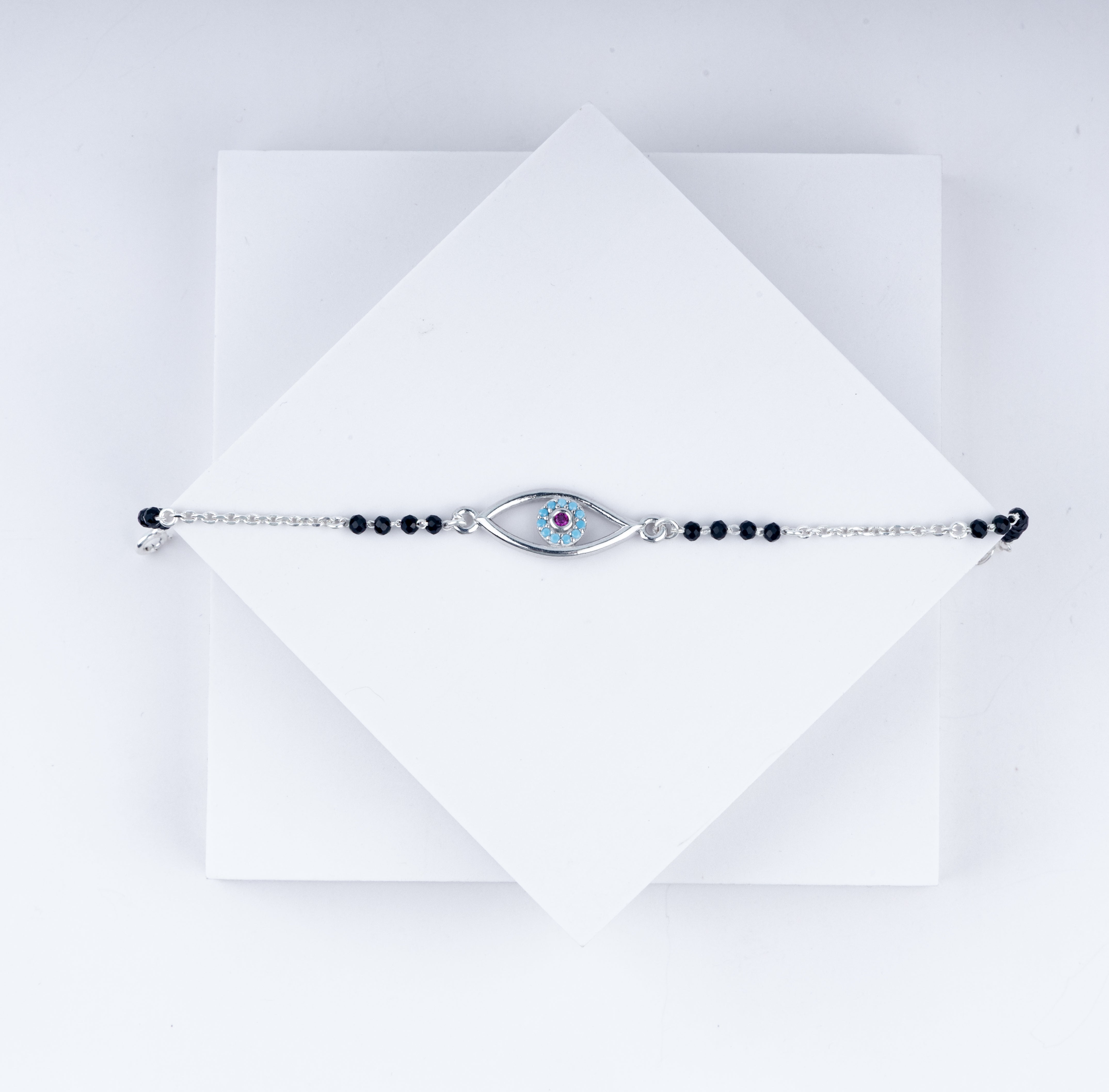 Mystic Iris Rakhi – 925 Sterling Silver Evil Eye with Pink-Blue Accent