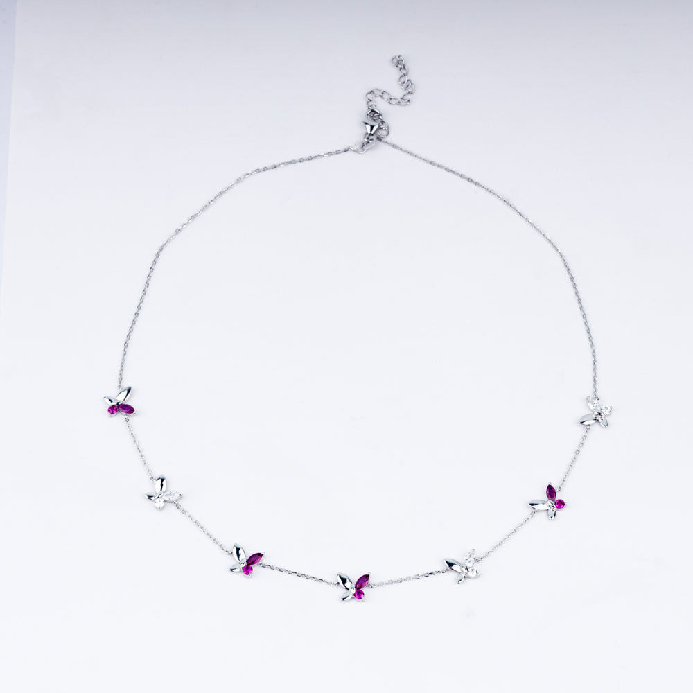 Fluttering Grace Butterfly Necklace in 925 Sterling Silver with CZ & Ruby Accents