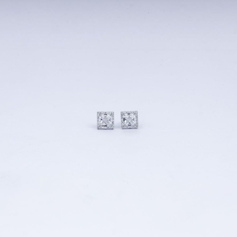 Princess-Cut Halo CZ Stud Earrings in 925 Sterling Silver