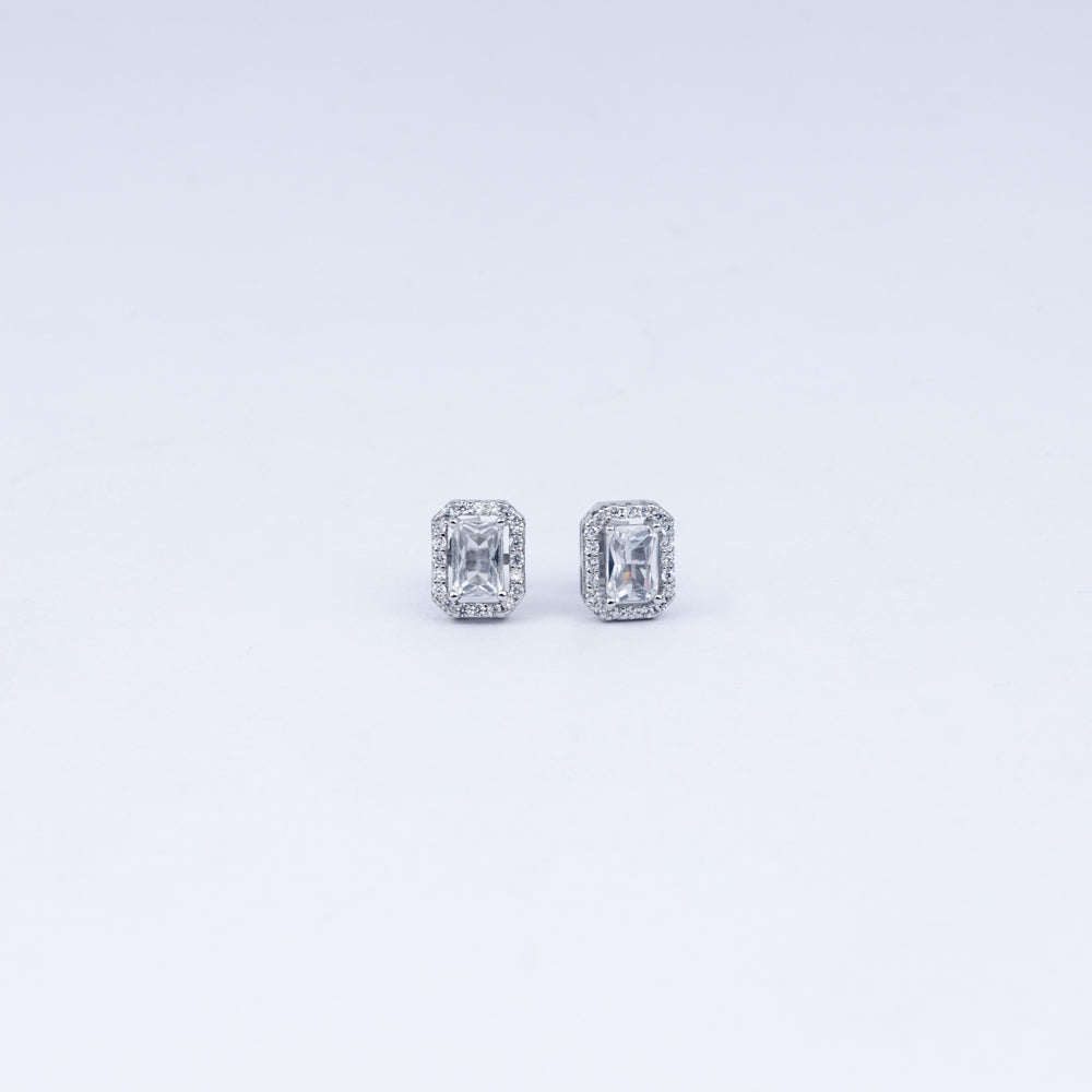 Emerald-Cut Halo CZ Stud Earrings in 925 Sterling Silver