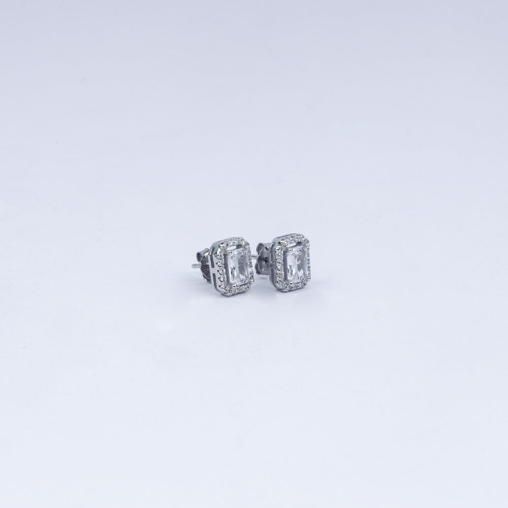 Emerald-Cut Halo CZ Stud Earrings in 925 Sterling Silver