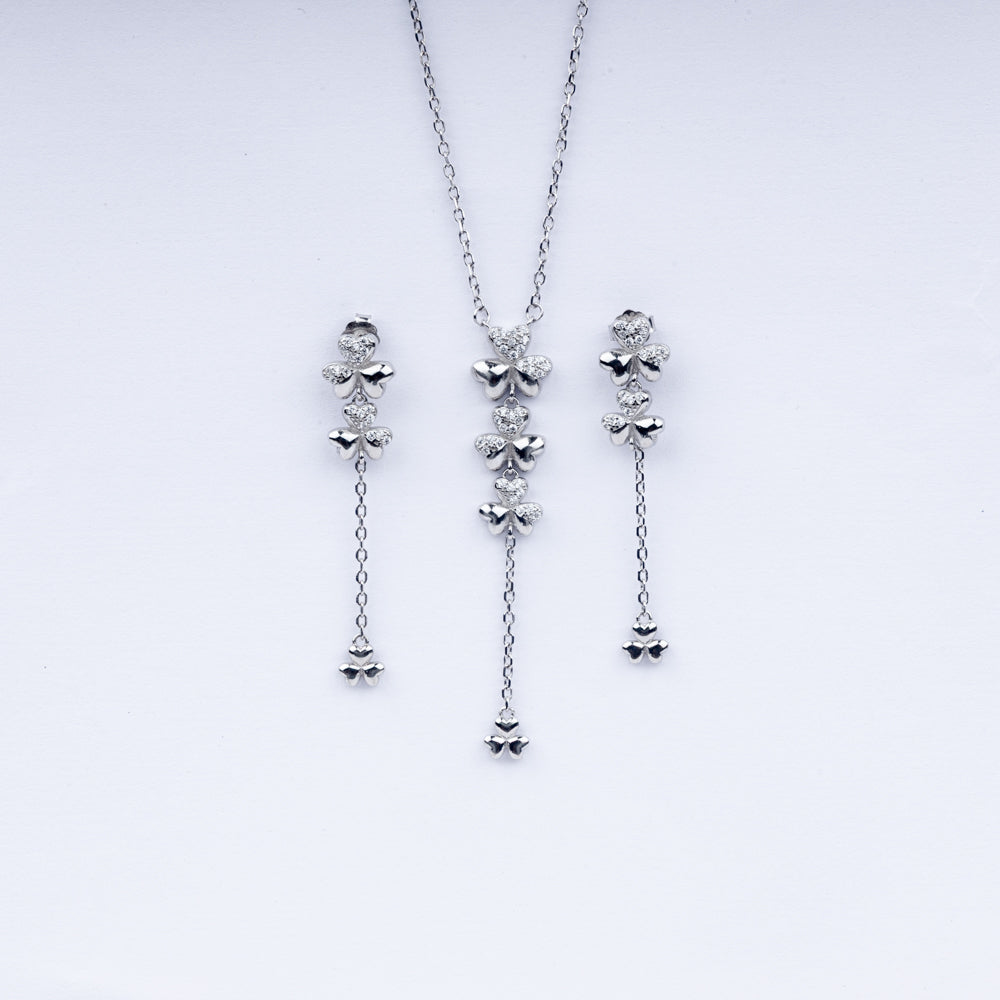 Floral Cascade Necklace & Earrings Set in 925 Sterling Silver with CZ Accents