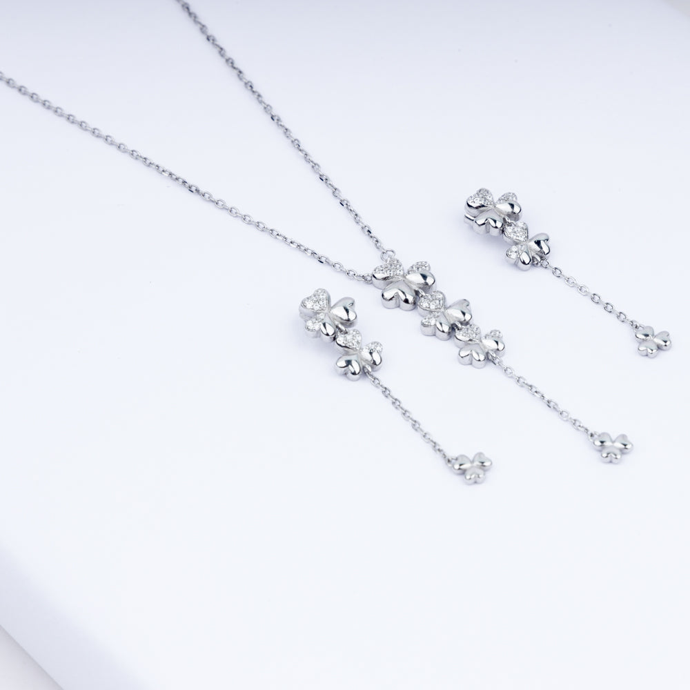 Floral Cascade Necklace & Earrings Set in 925 Sterling Silver with CZ Accents