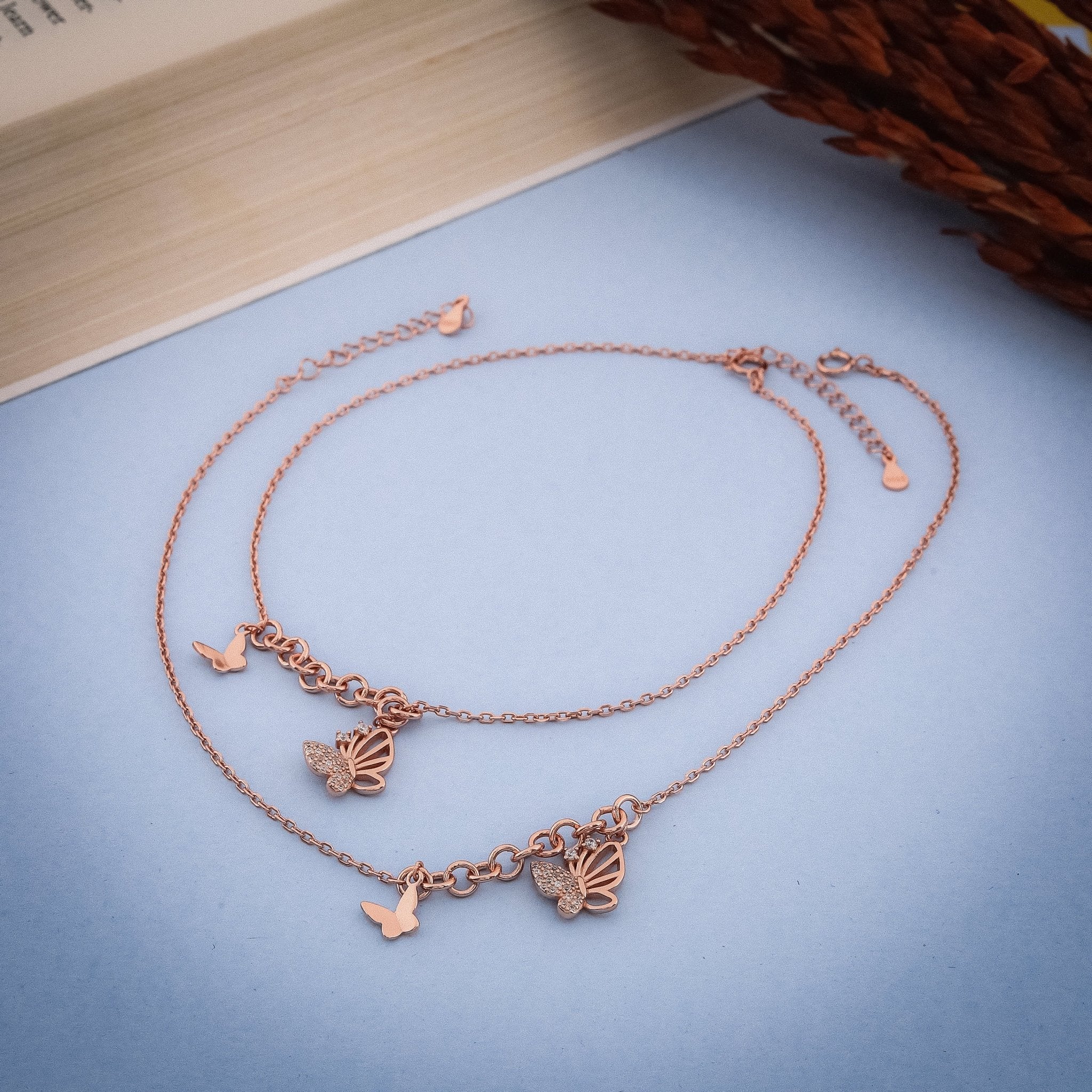 Butterfly Drop Rose Gold Anklet In 925 Sterling Silver - Vanika