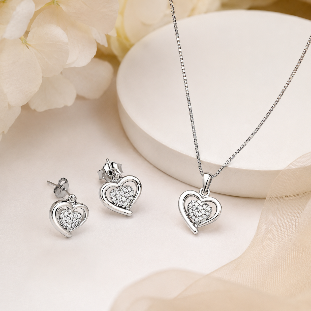 Sparkling Heart CZ Pendant Necklace & Stud Earrings Set in 925 Sterling Silver