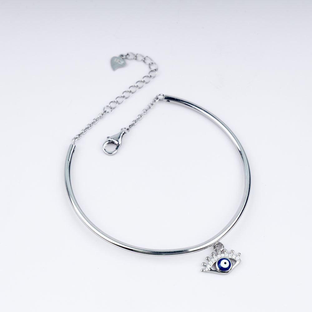 Blue Evil Eye Charm Zircon Adjustable Bracelet In 925 Sterling Silver