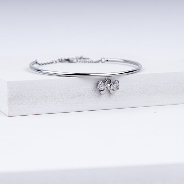 Twinkling Bow Charm Zircon Adjustable Bracelet In 925 Sterling Silver