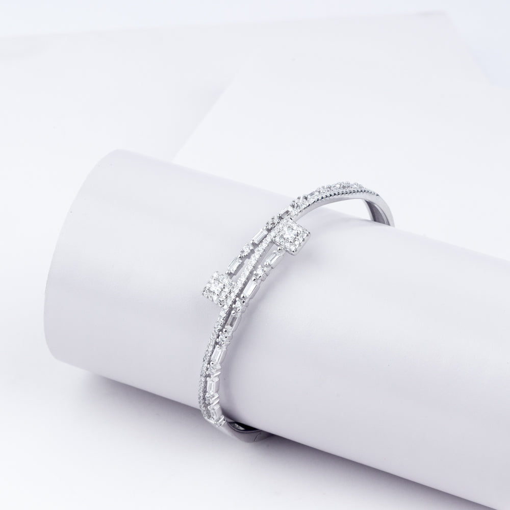 Geometric Chic Zircon Adjustable Bracelet With Ring In 925 Sterling Silver