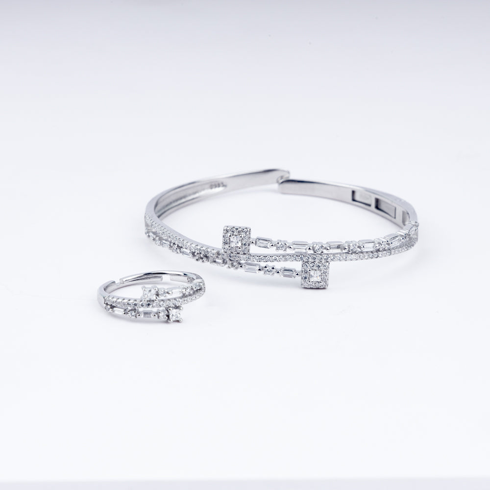 Geometric Chic Zircon Adjustable Bracelet With Ring In 925 Sterling Silver
