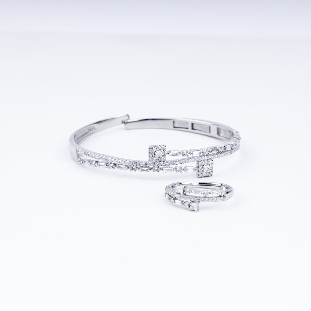 Geometric Chic Zircon Adjustable Bracelet With Ring In 925 Sterling Silver