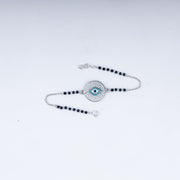 Evil Eye Charm Bling Chain Bracelet With Black Beads In 925 Sterling Silver