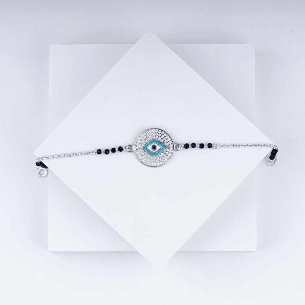 Evil Eye Charm Bling Chain Bracelet With Black Beads In 925 Sterling Silver
