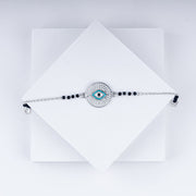 Evil Eye Charm Bling Chain Bracelet With Black Beads In 925 Sterling Silver