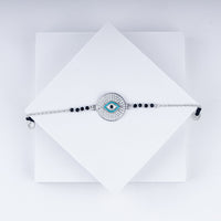 Evil Eye Charm Bling Chain Bracelet With Black Beads In 925 Sterling Silver