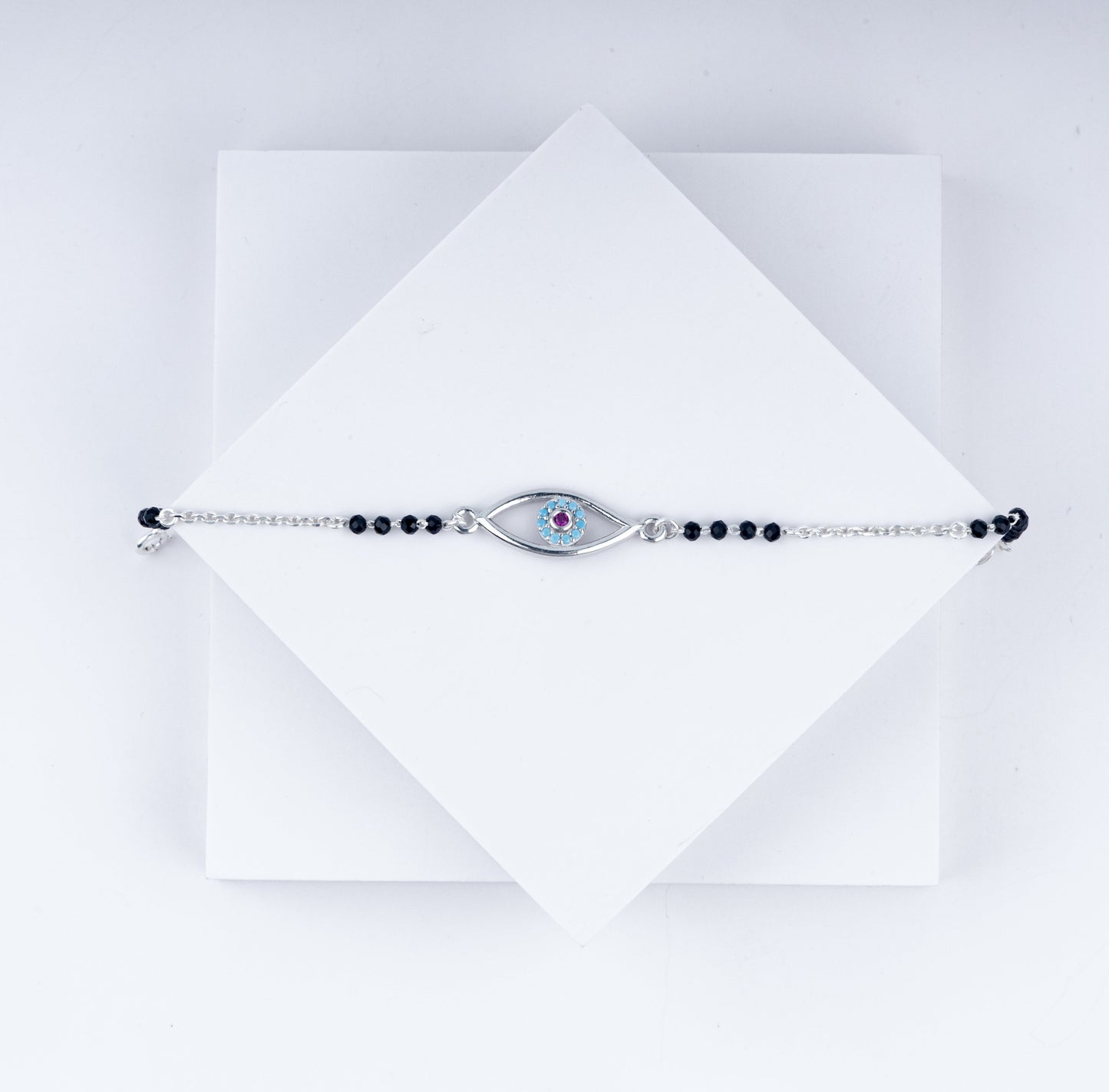 Mystic Iris Rakhi – 925 Sterling Silver Evil Eye with Pink-Blue Accent