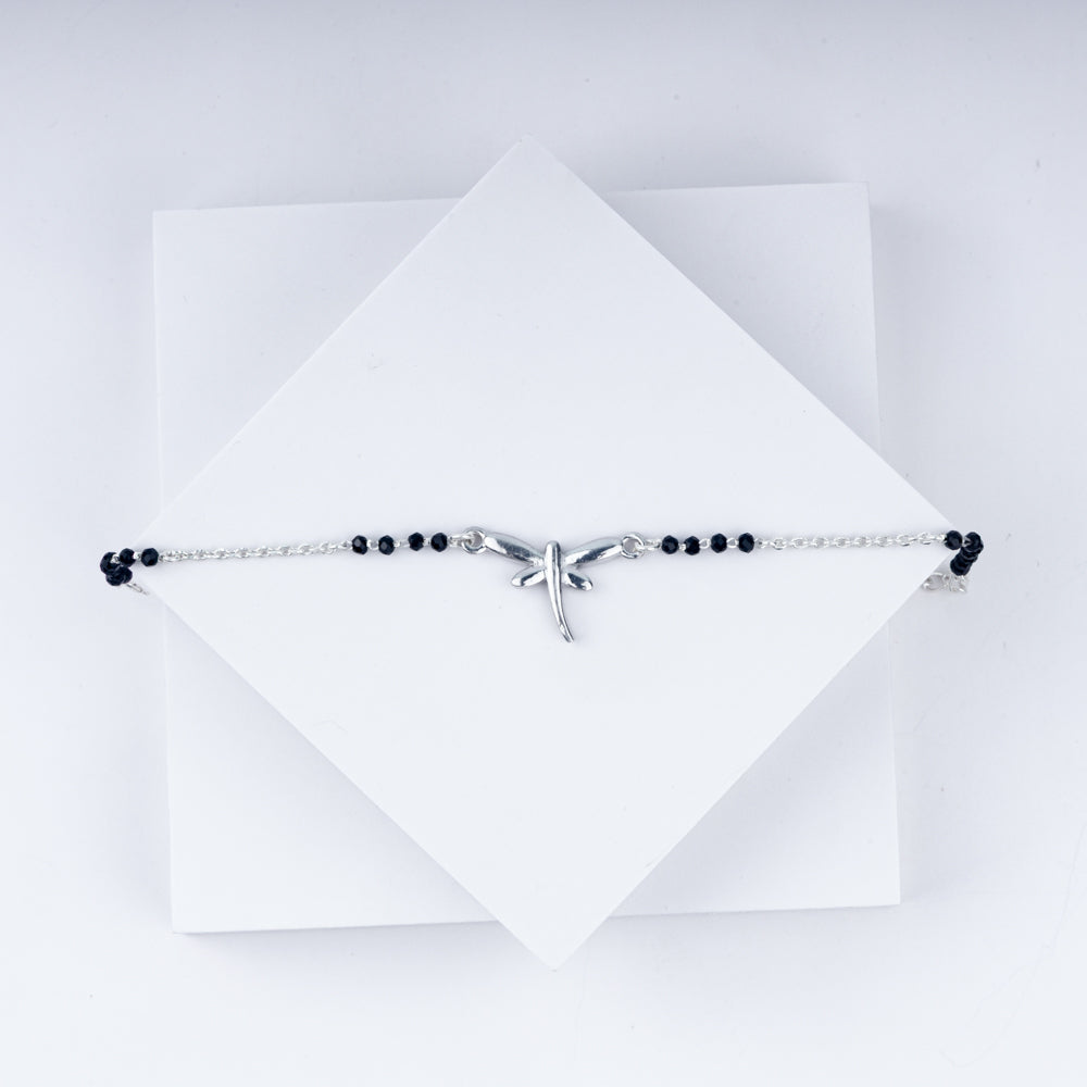 Butterfly Charm Black Beads Chain Bracelet In 925 Sterling Silver