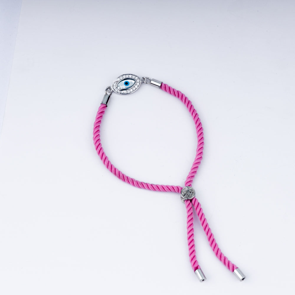 Unisex Evil Eye Rakhi in 925 Sterling Silver with Pink Braided Cord