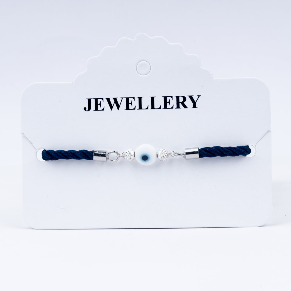 Unisex 925 Sterling Silver Evil Eye Rakhi on Navy Braided Cord