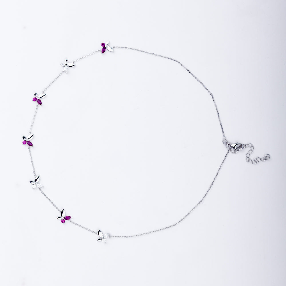 Fluttering Grace Butterfly Necklace in 925 Sterling Silver with CZ & Ruby Accents