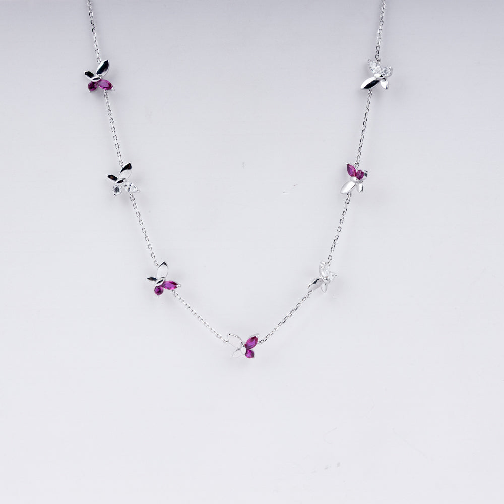 Fluttering Grace Butterfly Necklace in 925 Sterling Silver with CZ & Ruby Accents