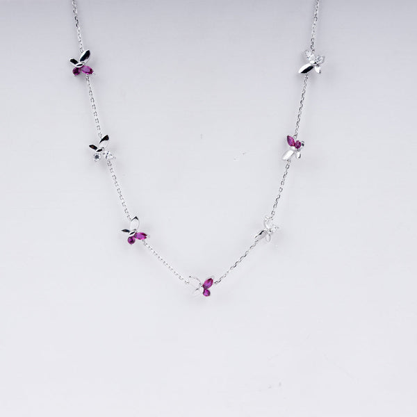 Fluttering Grace Butterfly Necklace in 925 Sterling Silver with CZ & Ruby Accents