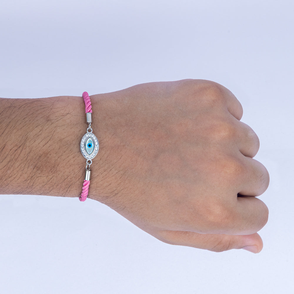 Unisex Evil Eye Rakhi in 925 Sterling Silver with Pink Braided Cord