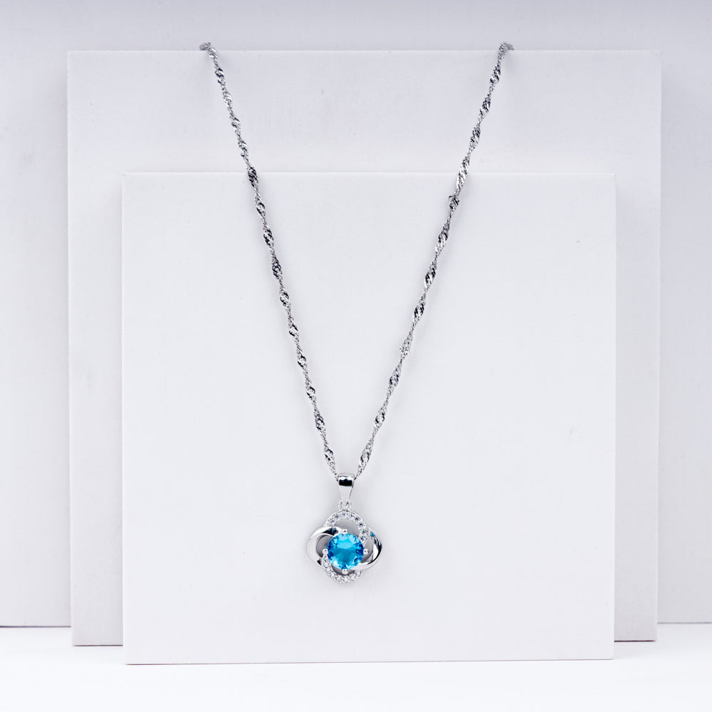 Blue Topaz Halo Pendant Necklace in 925 Sterling Silver