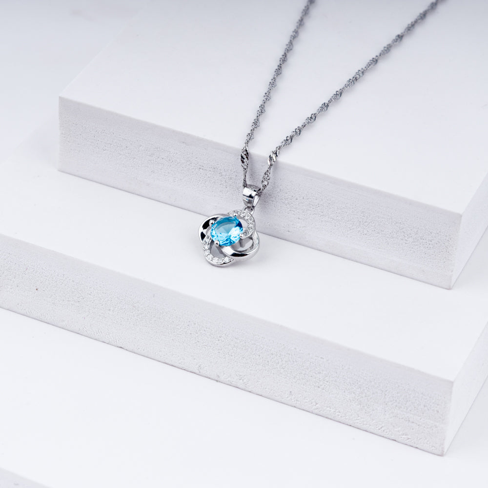 Blue Topaz Halo Pendant Necklace in 925 Sterling Silver