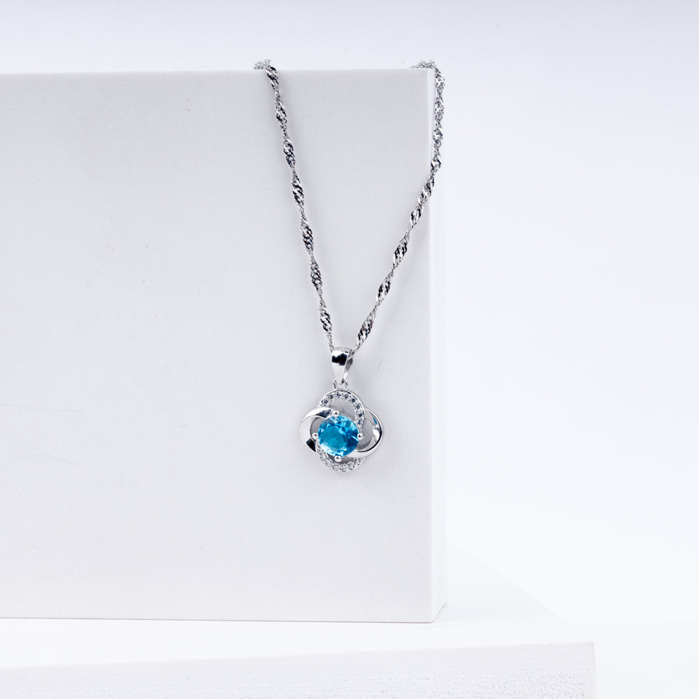 Blue Topaz Halo Pendant Necklace in 925 Sterling Silver