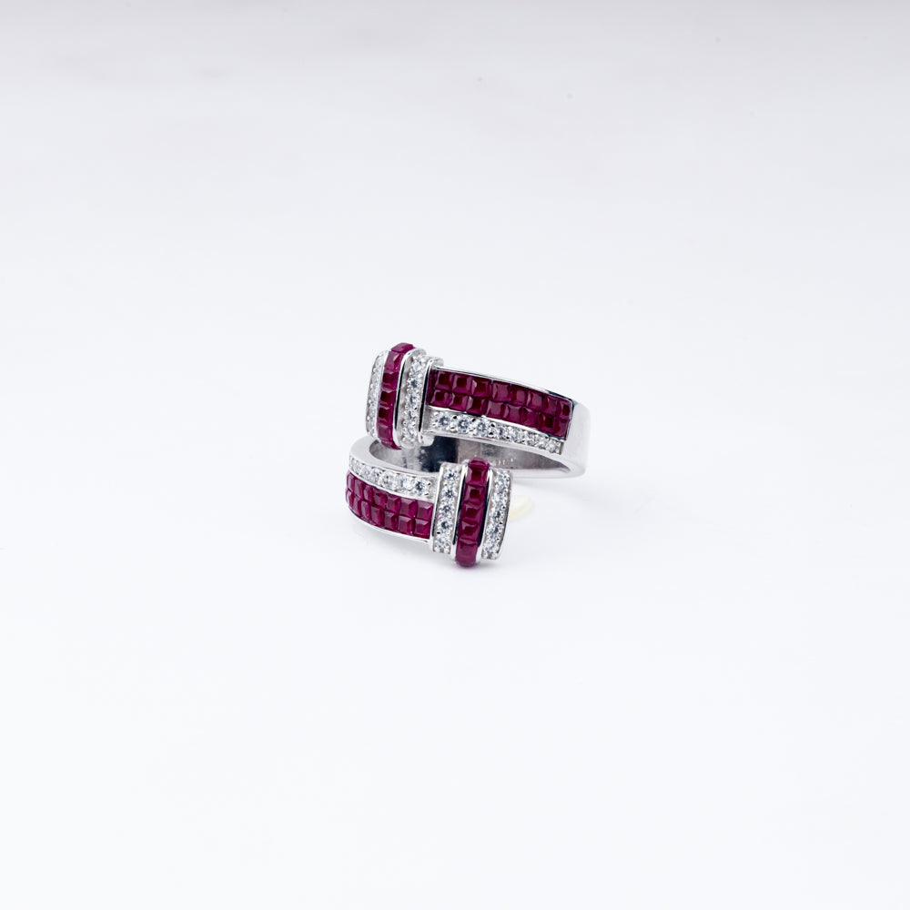 Radiant Ruby Baguette Adjustable Ring in 925 Silver