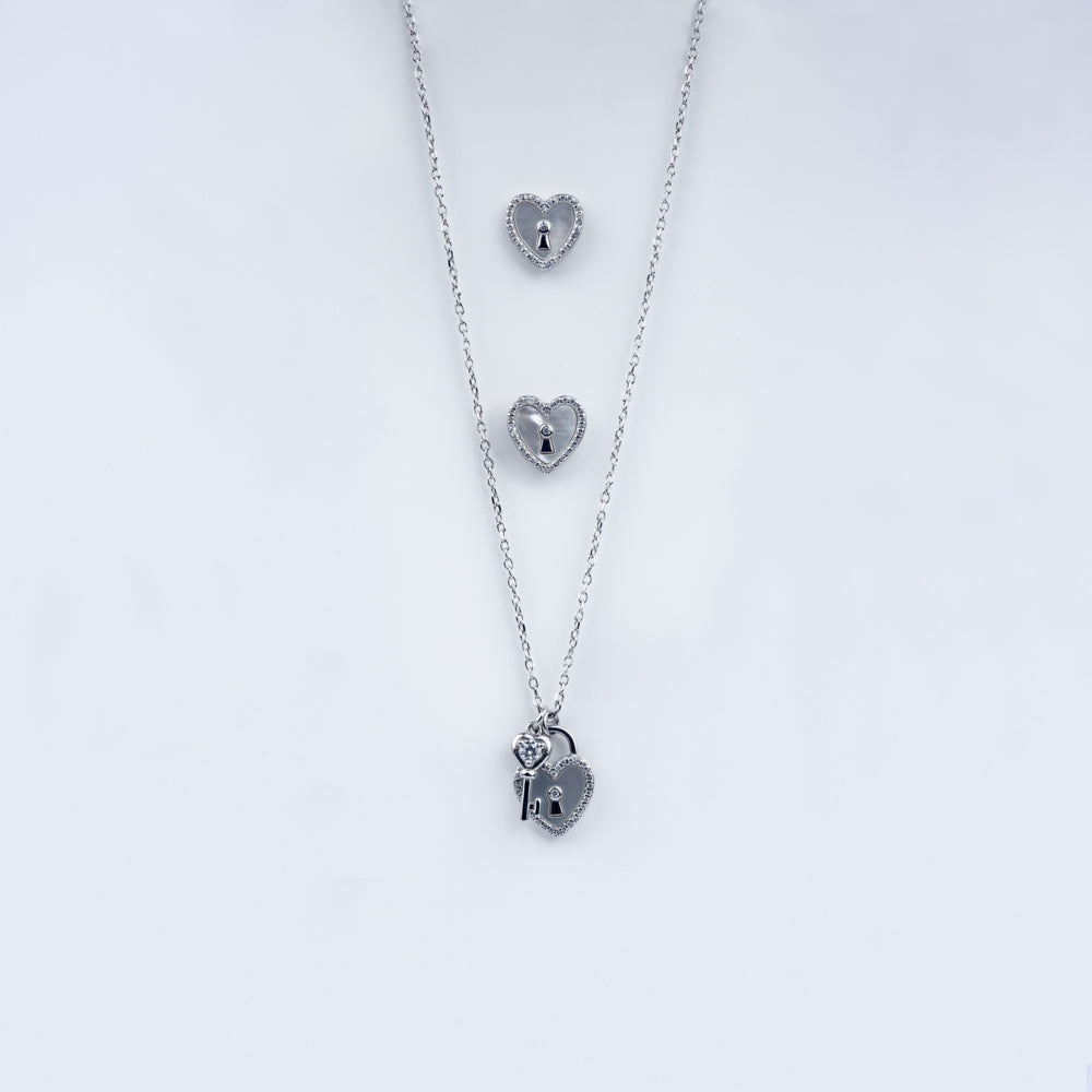 Heart Lock Zircon Necklace Set In 925 Sterling Silver