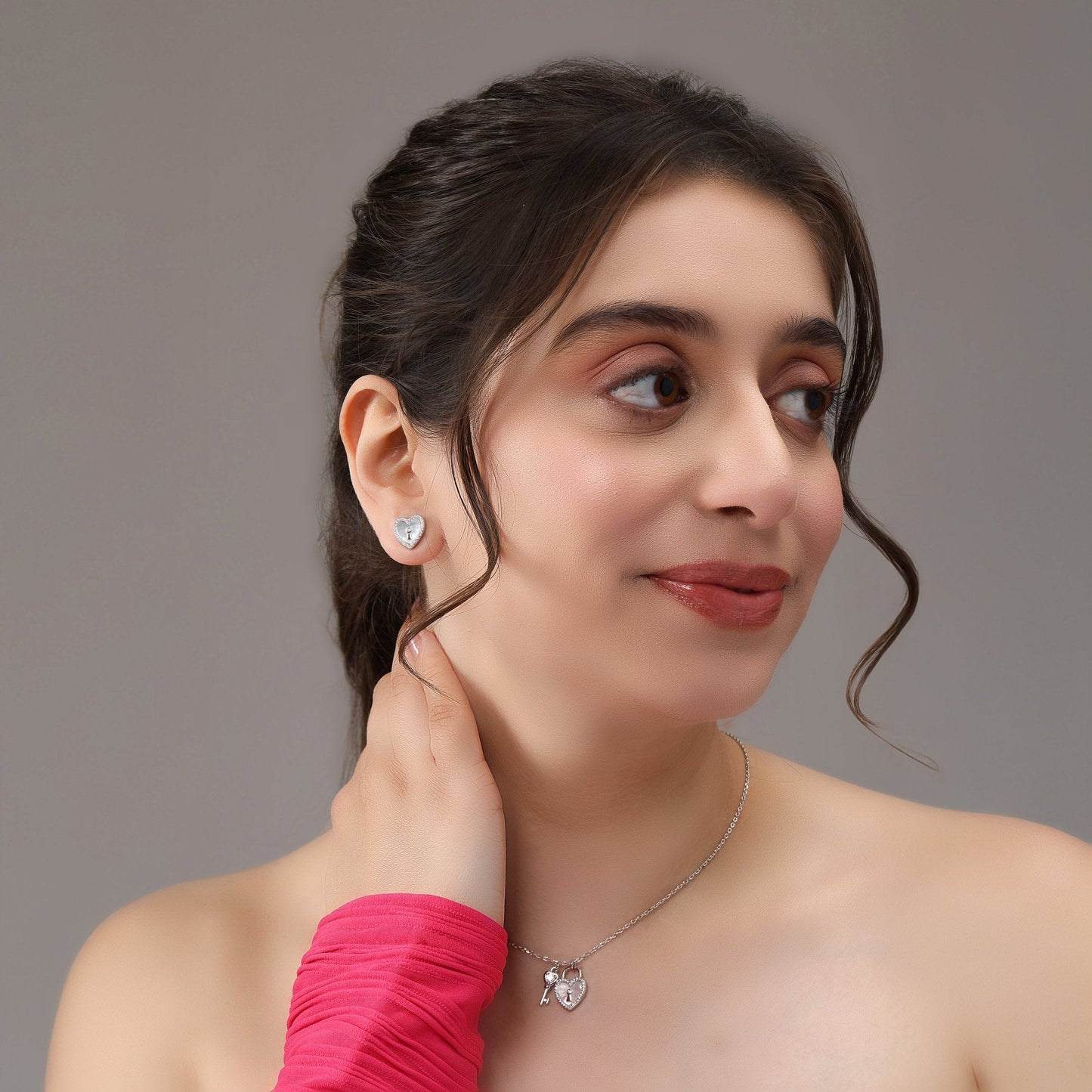 Heart Lock Zircon Necklace Set In 925 Sterling Silver - Vanika 