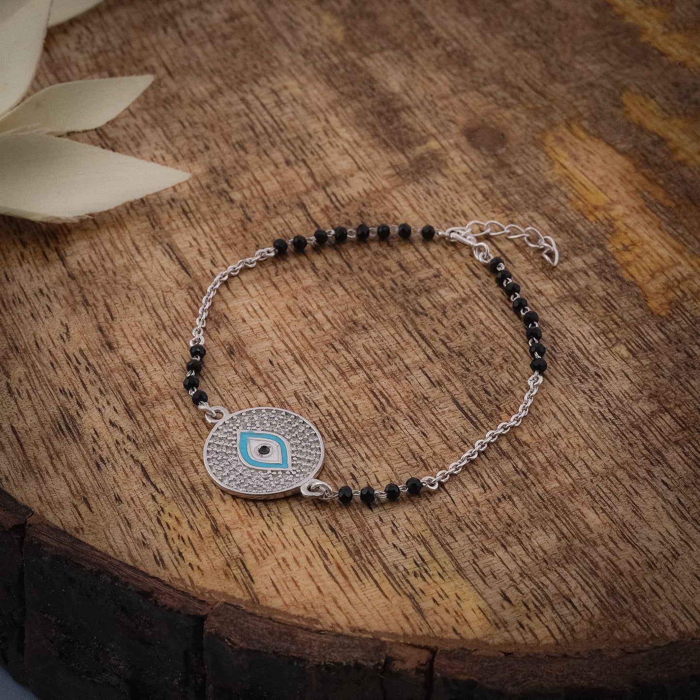 Evil Eye Charm Bling Chain Bracelet With Black Beads In 925 Sterling Silver - Vanika 