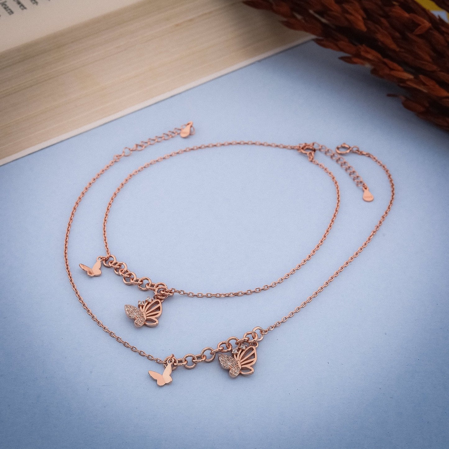 Butterfly Drop Rose Gold Anklet In 925 Sterling Silver - Vanika 