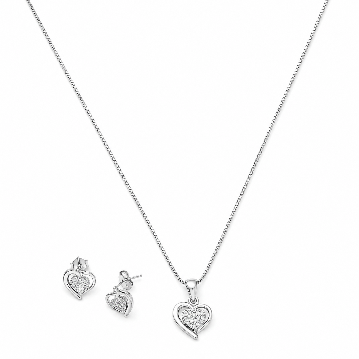Sparkling Heart CZ Pendant Necklace & Stud Earrings Set in 925 Sterling Silver