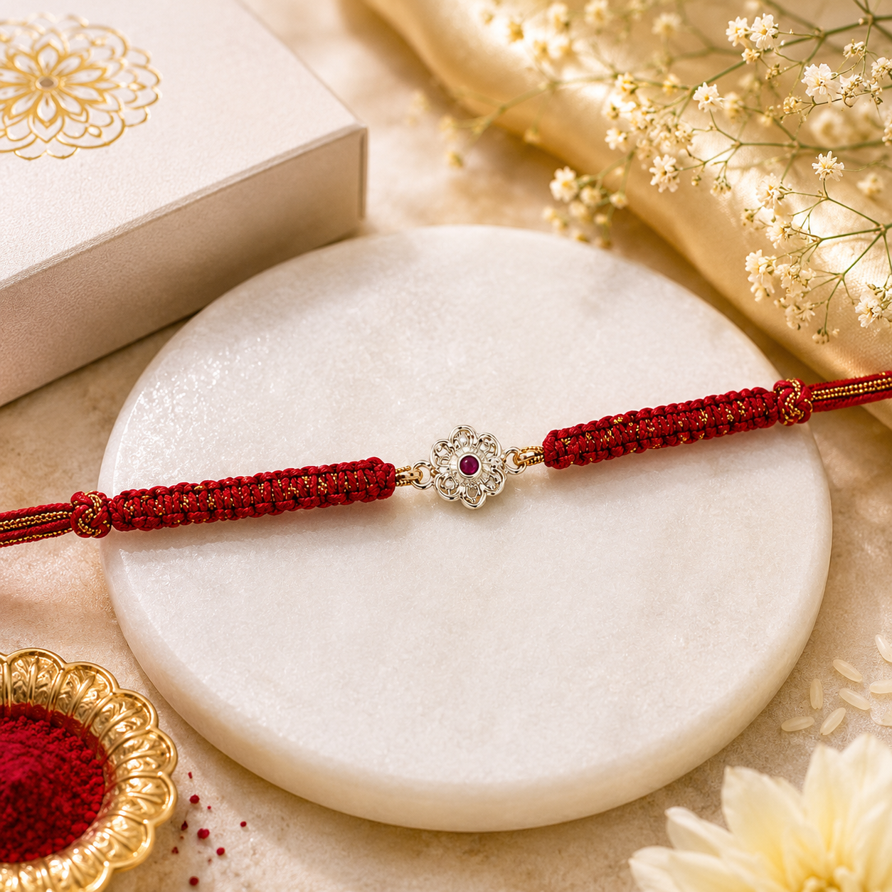 Floral Ruby Stone Rakhi in 925 Sterling Silver with Red Braided Thread