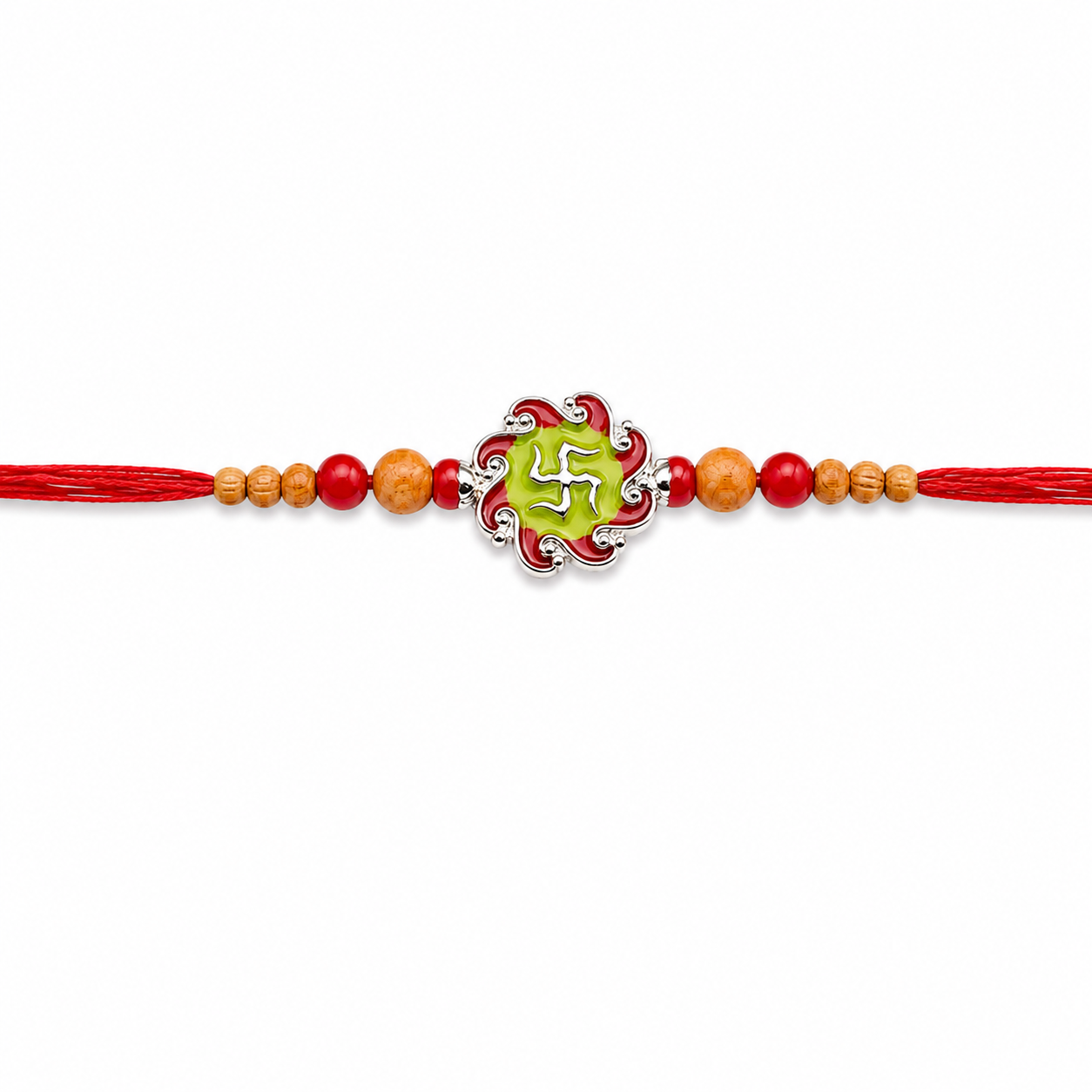 Swastik Enamel Rakhi in 925 Sterling Silver with Red Thread & Beads