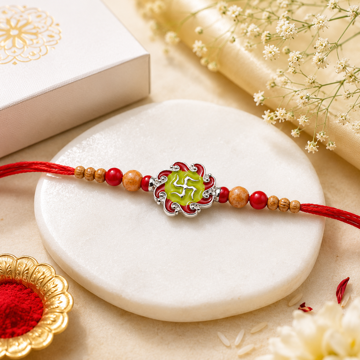Swastik Enamel Rakhi in 925 Sterling Silver with Red Thread & Beads