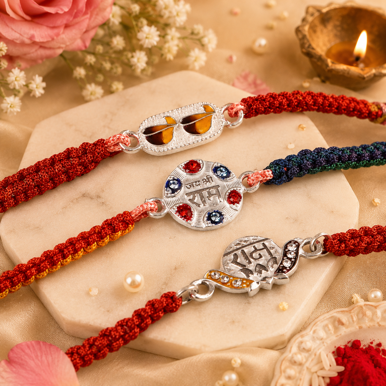 925 Sterling Silver Designer Rakhi Set for Brother | Premium Handmade Raksha Bandhan Rakhi with Colorful Thread & CZ Stones