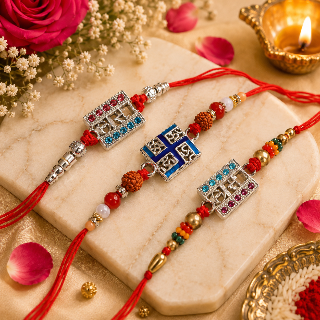 925 Sterling Silver Bhai Designer Rakhi Set | Handmade Raksha Bandhan Rakhi with Red Thread & Decorative Beads