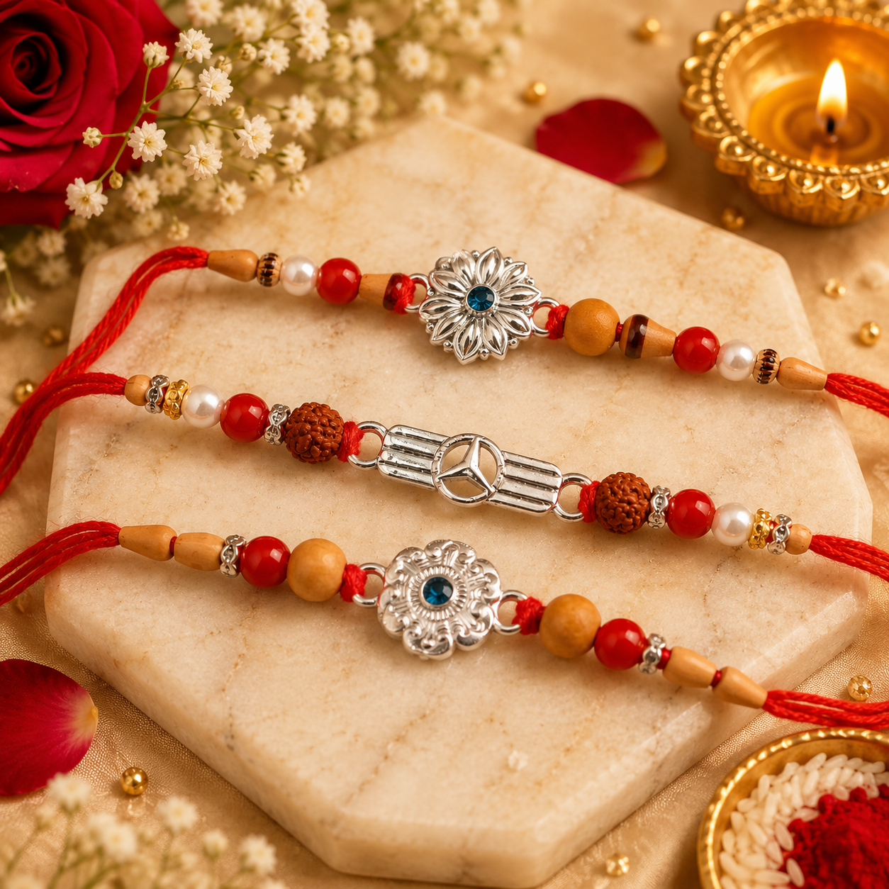925 Sterling Silver Designer Rakhi Set for Brother | Handmade Raksha Bandhan Rakhi with Floral, Rudraksha & Luxury Silver Charms