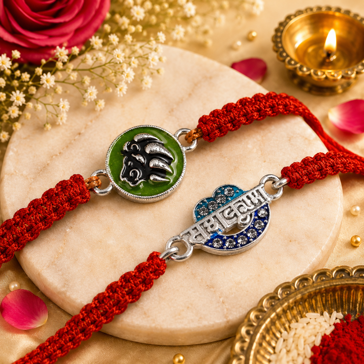 925 Sterling Silver Mahadev & Mahakaal Rakhi Set for Brother | Handmade Designer Raksha Bandhan Rakhi with Red Thread