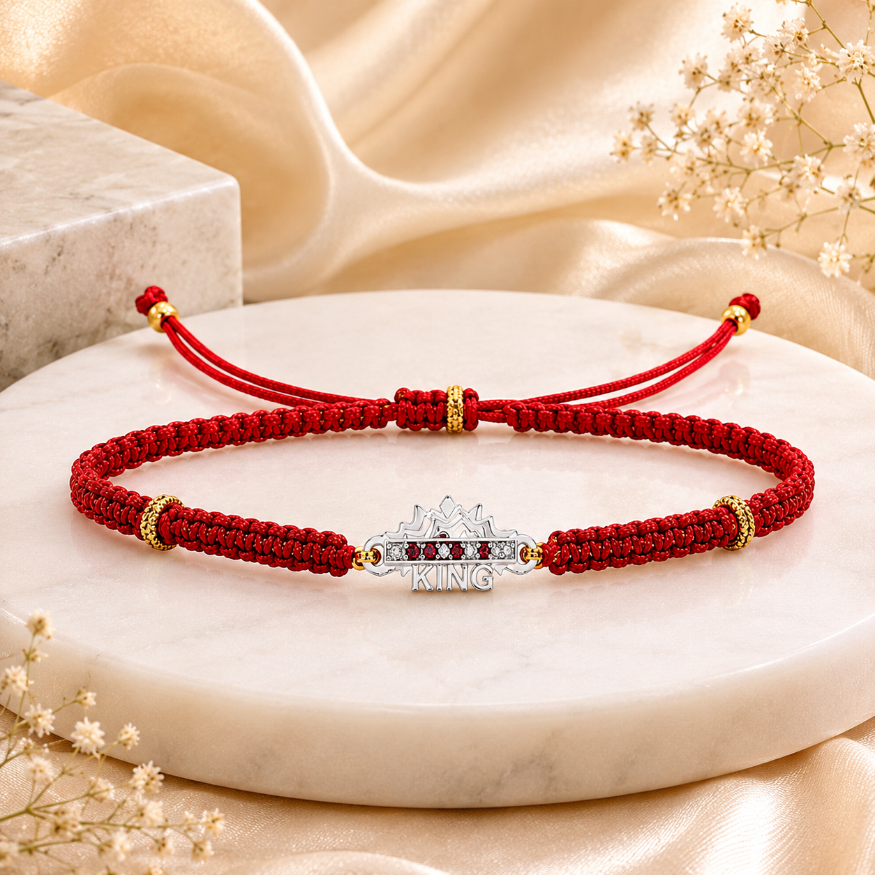 925 Sterling Silver King Rakhi for Brother | Adjustable Red Thread Rakhi with Zircon | Premium Handmade Raksha Bandhan Rakhi Gift