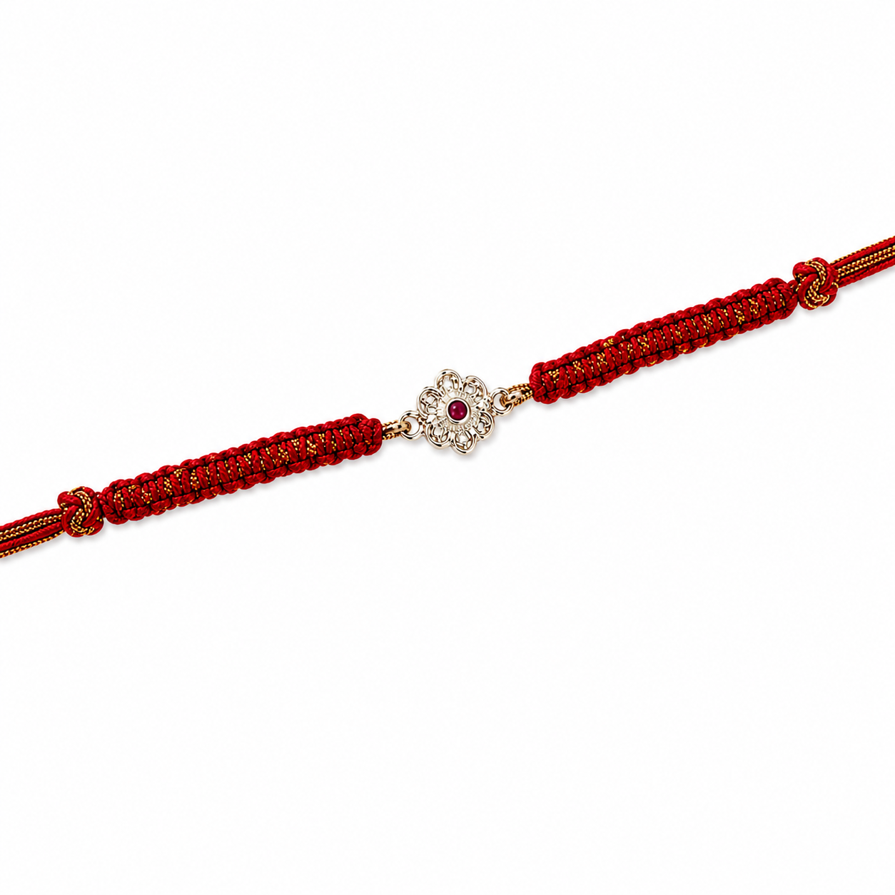 Floral Ruby Stone Rakhi in 925 Sterling Silver with Red Braided Thread