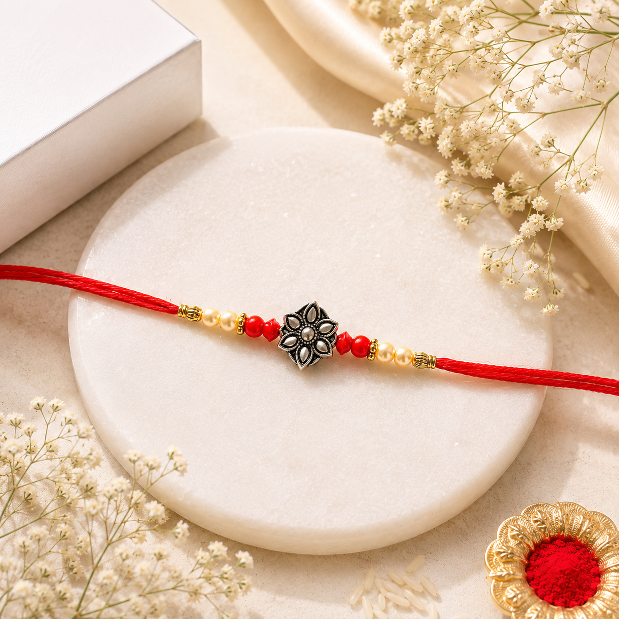 Oxidized Floral Rakhi in 925 Sterling Silver with Red Thread & Pearl Beads