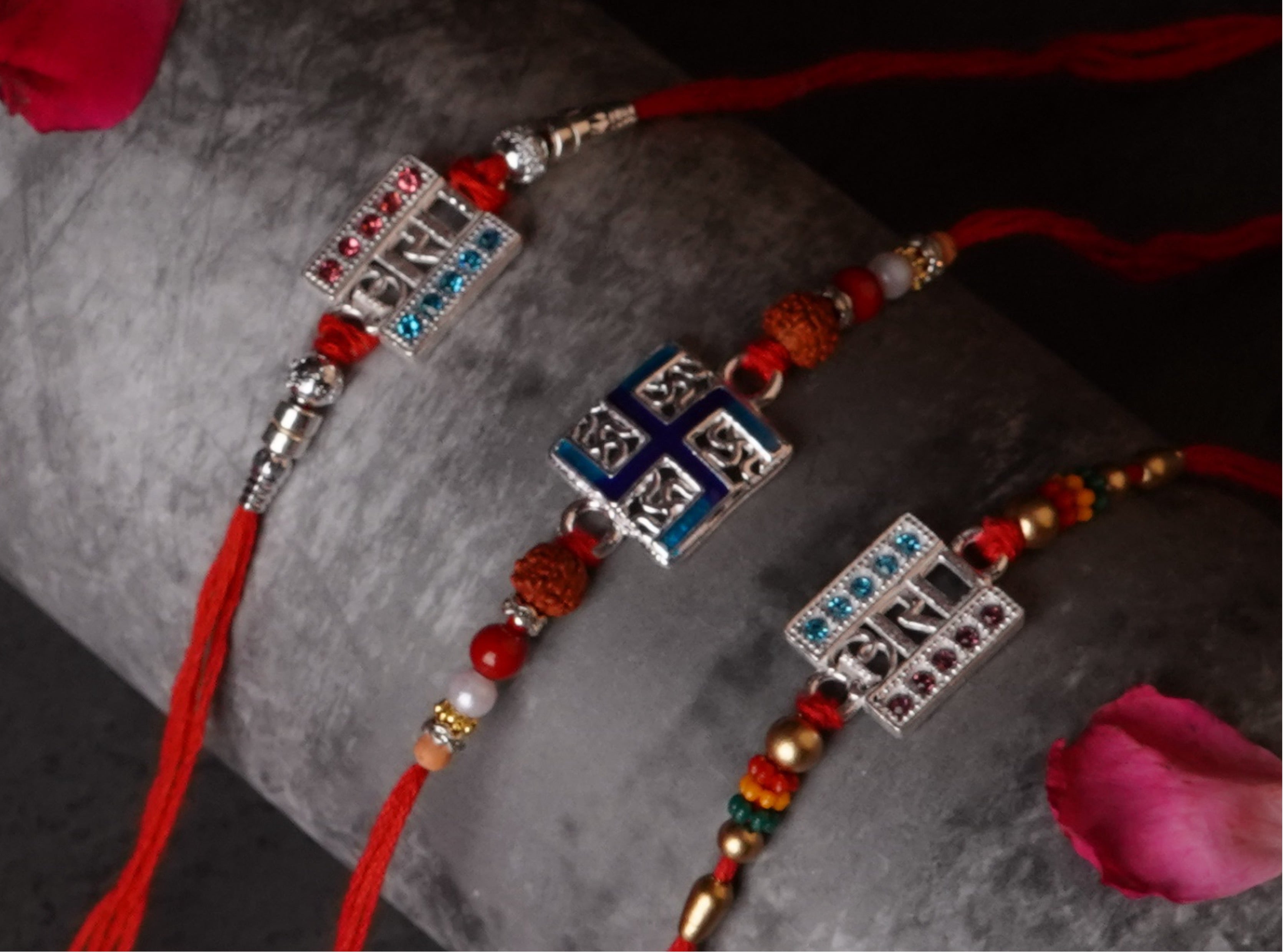 925 Sterling Silver Bhai Designer Rakhi Set | Handmade Raksha Bandhan Rakhi with Red Thread & Decorative Beads