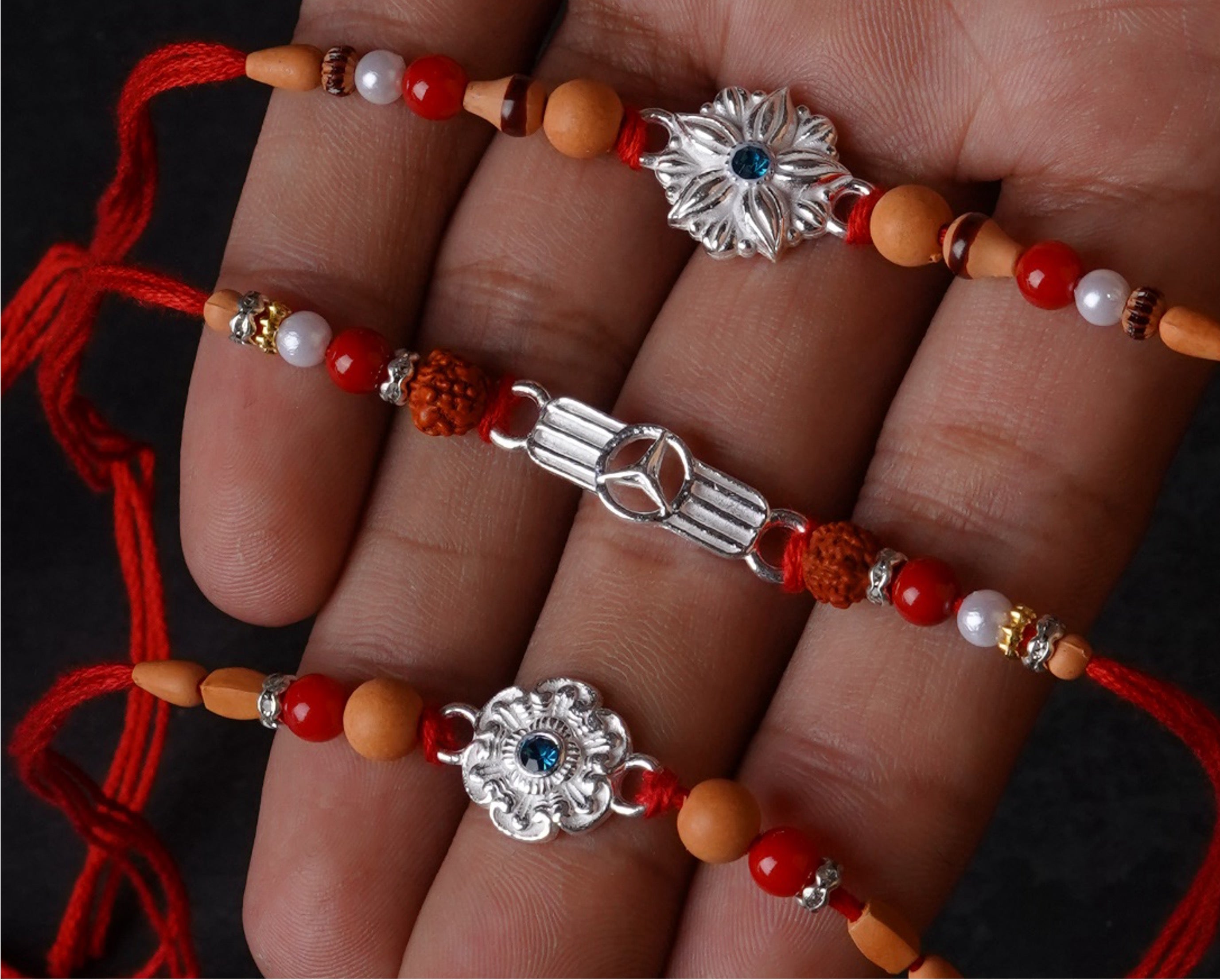 925 Sterling Silver Designer Rakhi Set for Brother | Handmade Raksha Bandhan Rakhi with Floral, Rudraksha & Luxury Silver Charms