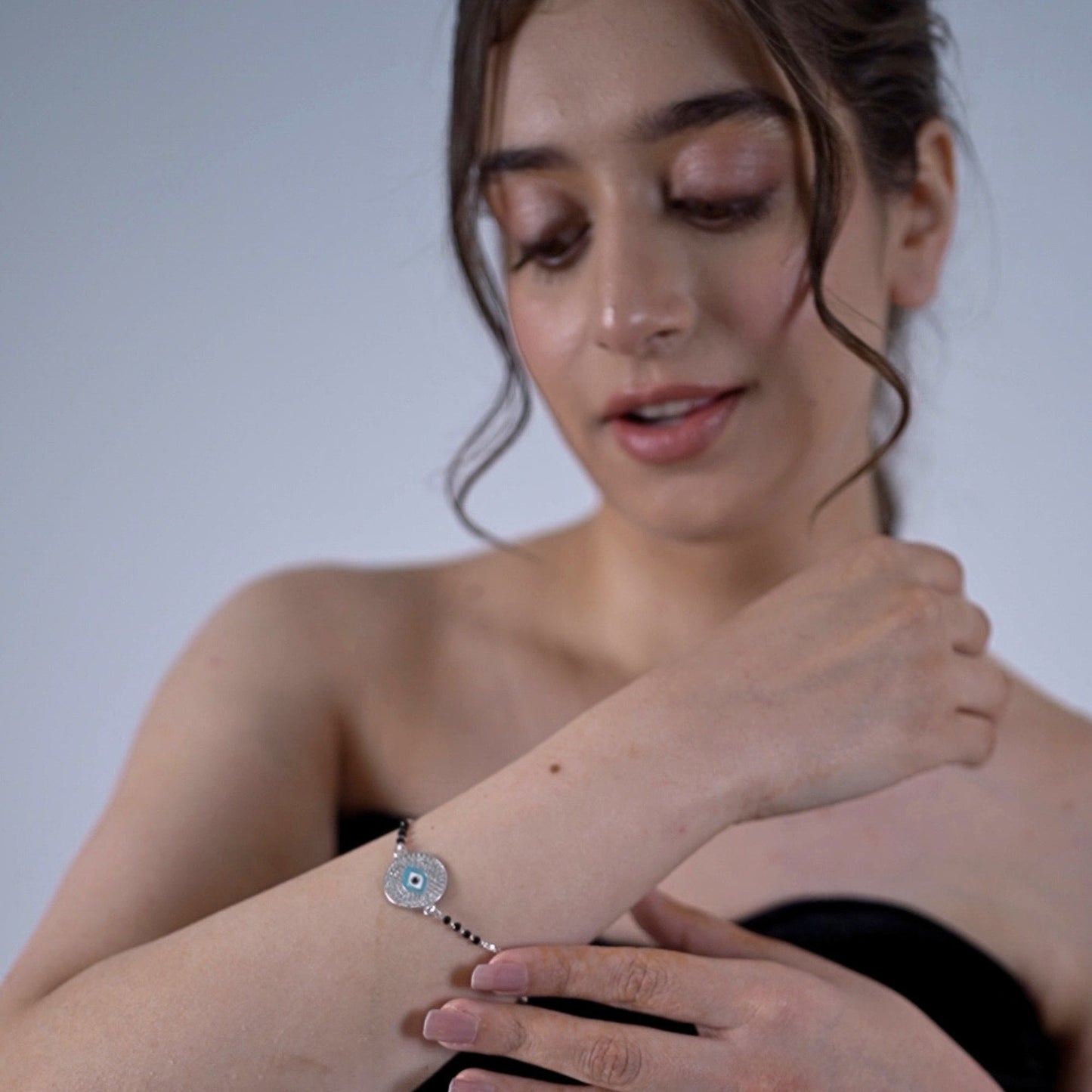 Evil Eye Charm Bling Chain Bracelet With Black Beads In 925 Sterling Silver - Vanika 